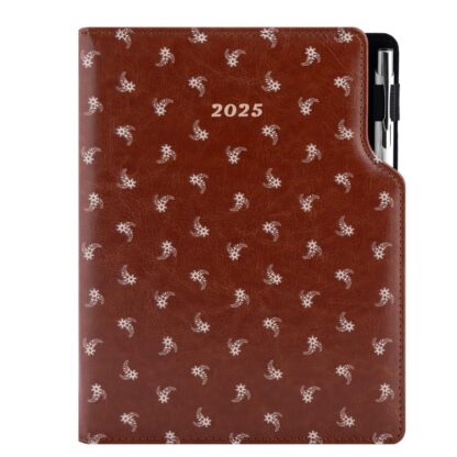 Diář DESIGN týdenní B5 2025 - hnědá - Bílý květ